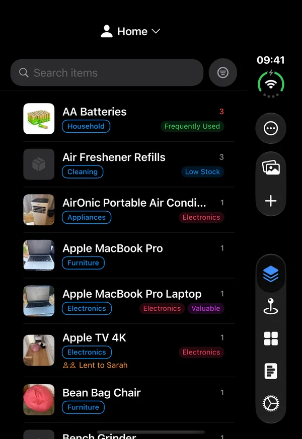 The items list on the folded iPhone Duo, with the tabs down the right hand side