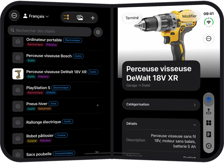 L'iPhone Duo sur la tranche, la liste des objets sur la page de gauche et la Perceuse visseuse DeWalt 18V XR ouverte sur la page de droite