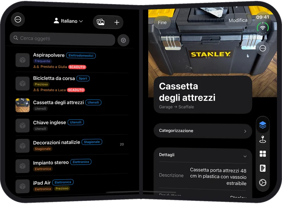 iPhone Duo di lato, l'elenco degli oggetti sulla pagina sinistra e la Cassetta degli attrezzi aperta sulla destra