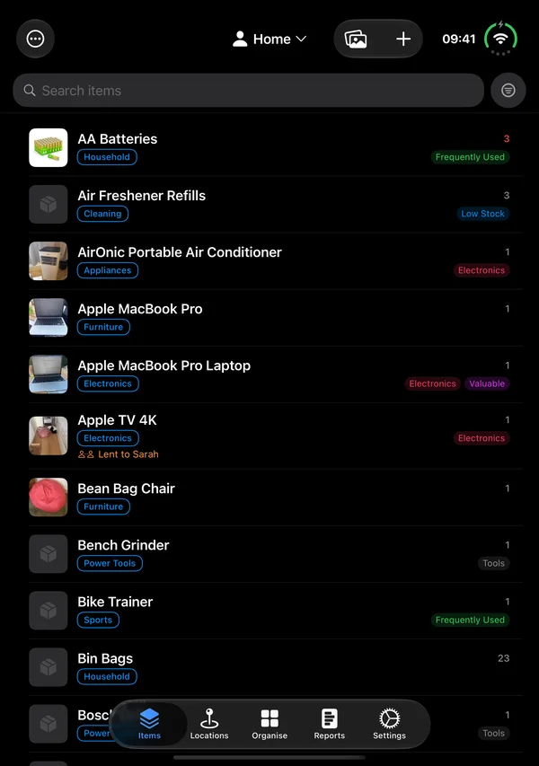 The items list on the open iPhone Duo, one page across the whole screen