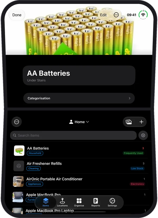 The iPhone Duo half open, AA Batteries on the top half and the items list on the bottom half