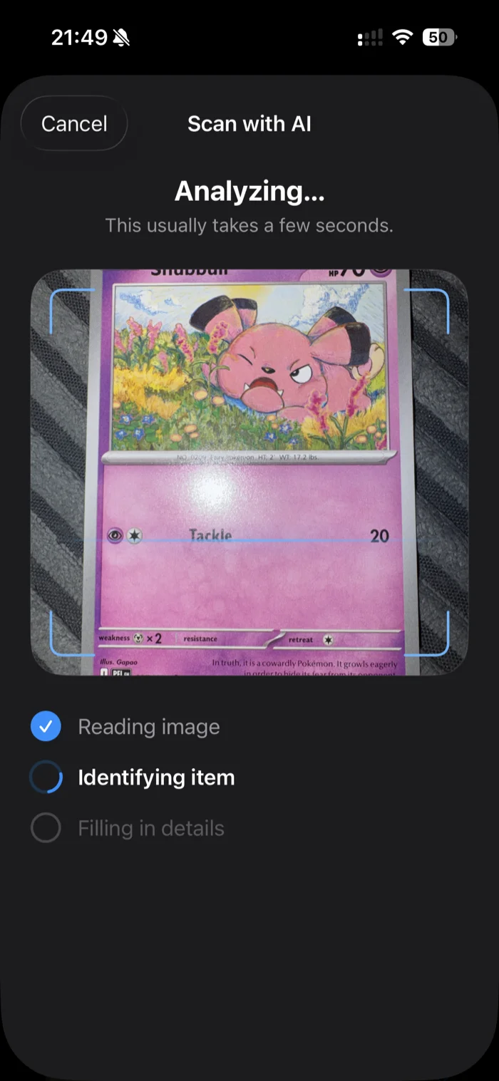 additem.to scannt eine Snubbull-Pokémon-Karte mit KI und zeigt die Schritte Bild wird gelesen und Objekt wird identifiziert