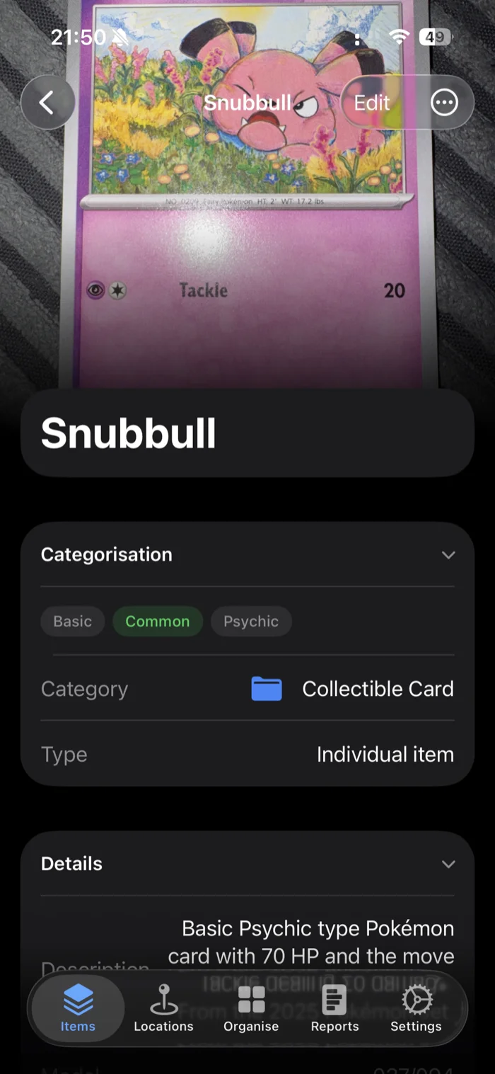 Eine gespeicherte Snubbull-Karte in additem.to mit ihrem Foto, der Kategorie Collectible Card und den Tags Psychic, Basic und Common
