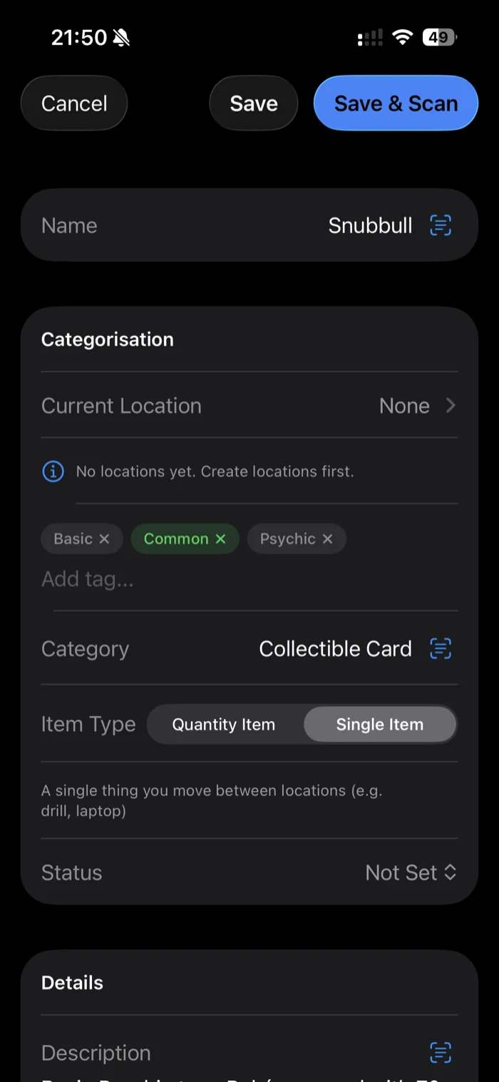 Das additem.to-Formular für ein neues Objekt, von der KI für Snubbull vorausgefüllt: der Name, eine Collectible-Card-Kategorie und die Tags Psychic, Basic und Common