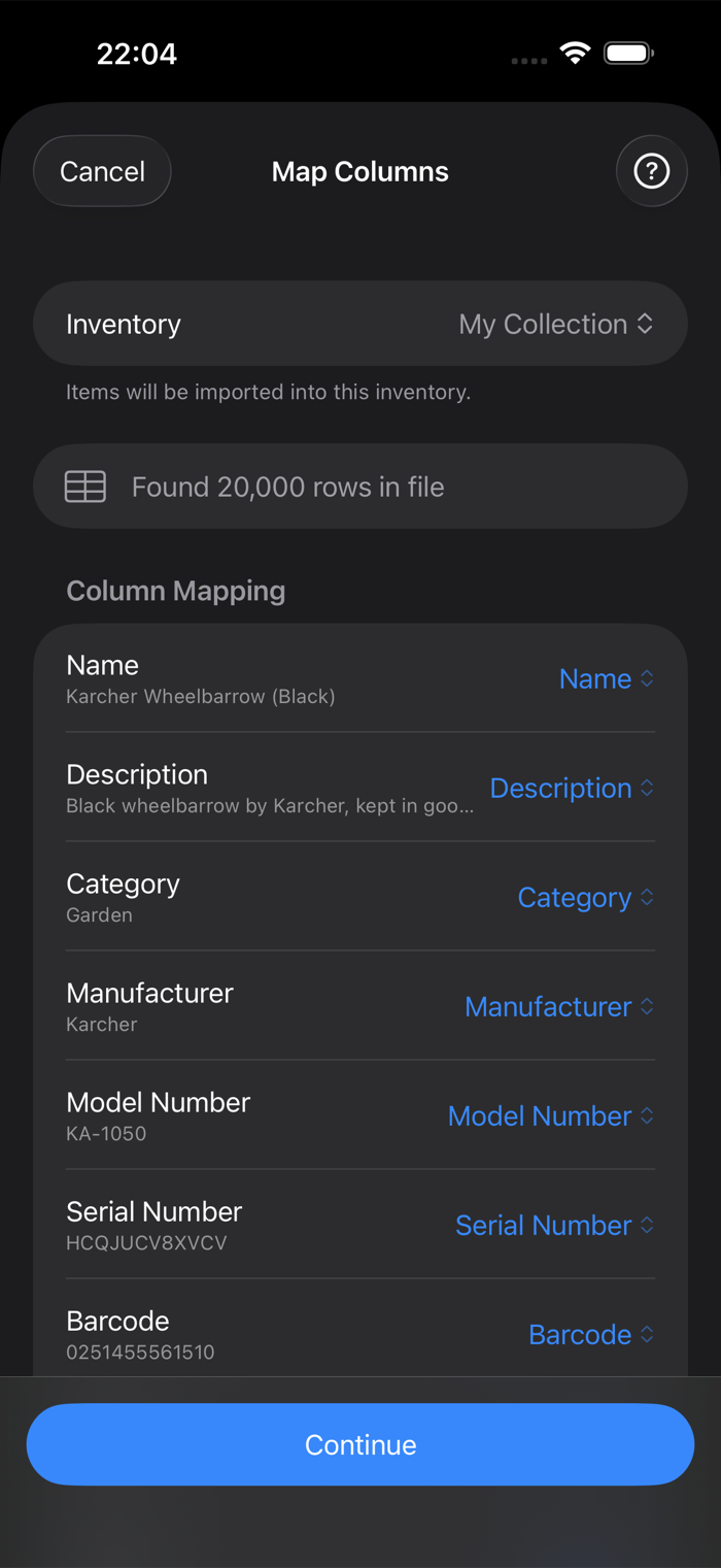 The Map Columns screen in additem.to showing 20,000 rows found and columns like Name, Category and Serial Number mapped automatically with sample values