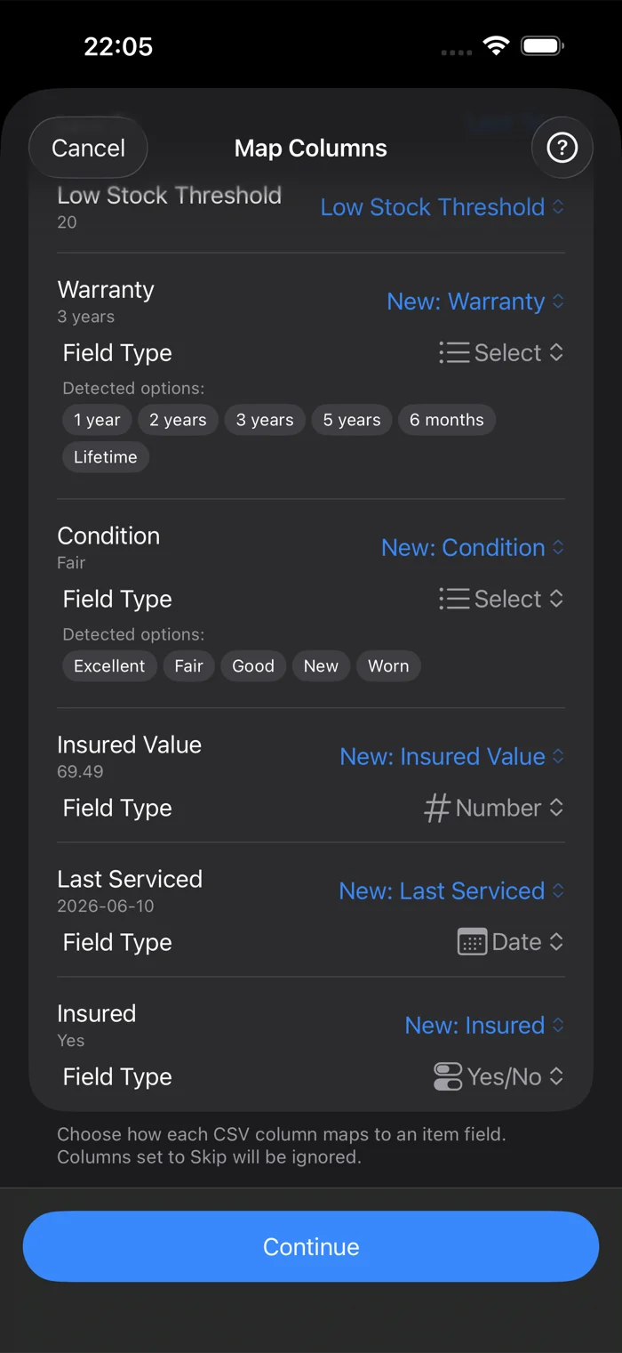 The Map Columns screen showing new custom fields detected from CSV columns: Warranty and Condition as selects with detected options, Insured Value as a number, Last Serviced as a date, and Insured as yes/no