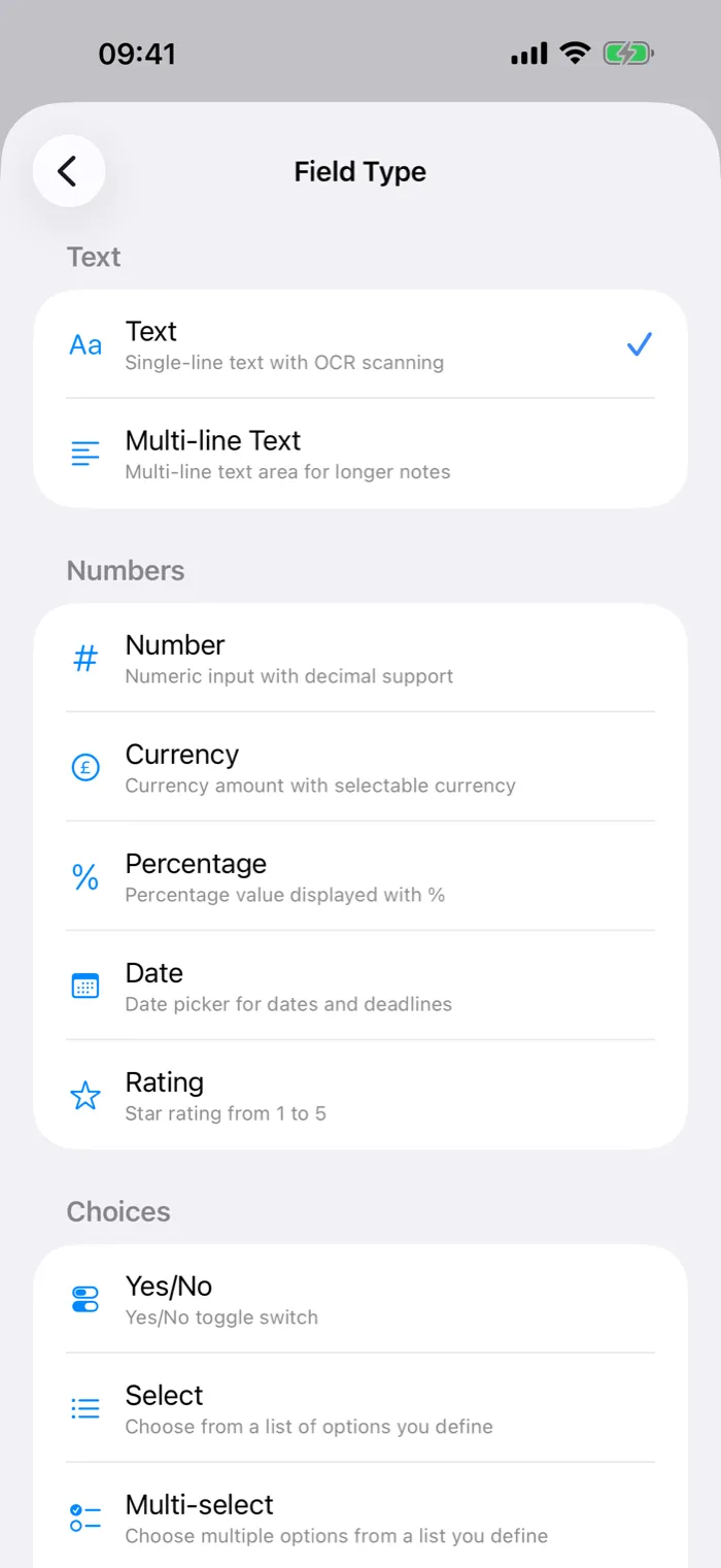 The Field Type list in additem.to when adding a custom field, grouped into Text, Numbers and Choices, including Text, Multi-line Text, Number, Currency, Percentage, Date, Rating, Yes/No, Select and Multi-select
