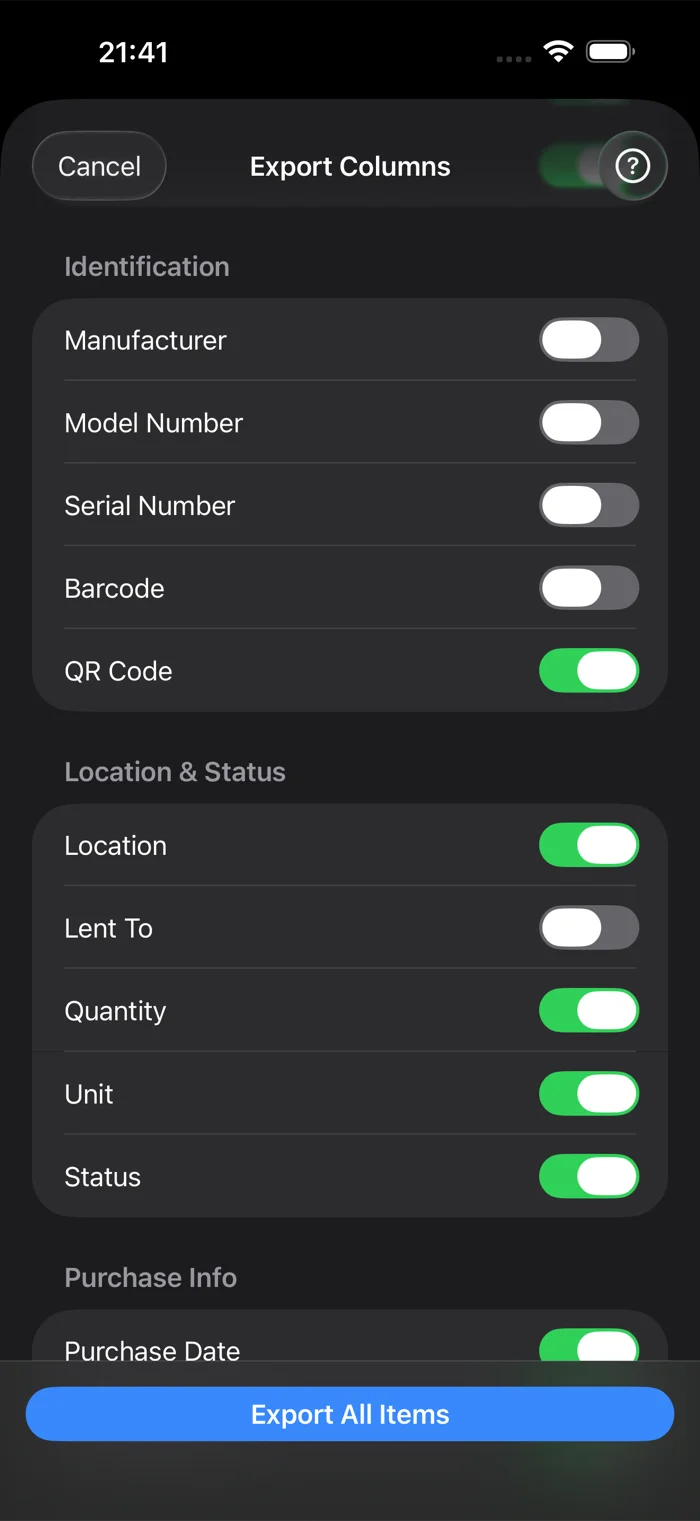 The Export Columns screen in additem.to with switches grouped under Identification, Location and Status, and Purchase Info, and an Export All Items button