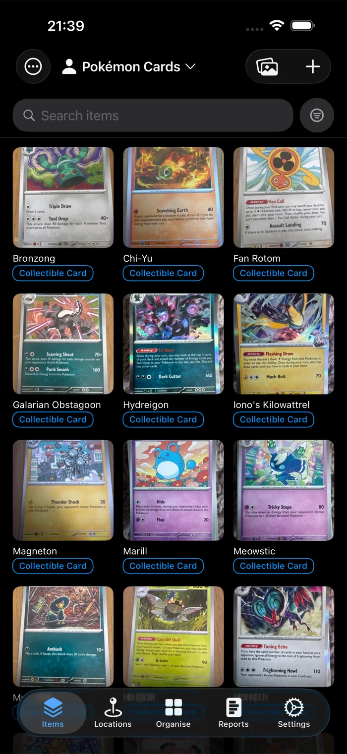 The additem.to item list in grid view, showing twelve Pokemon cards as photo tiles with the card name and category under each one