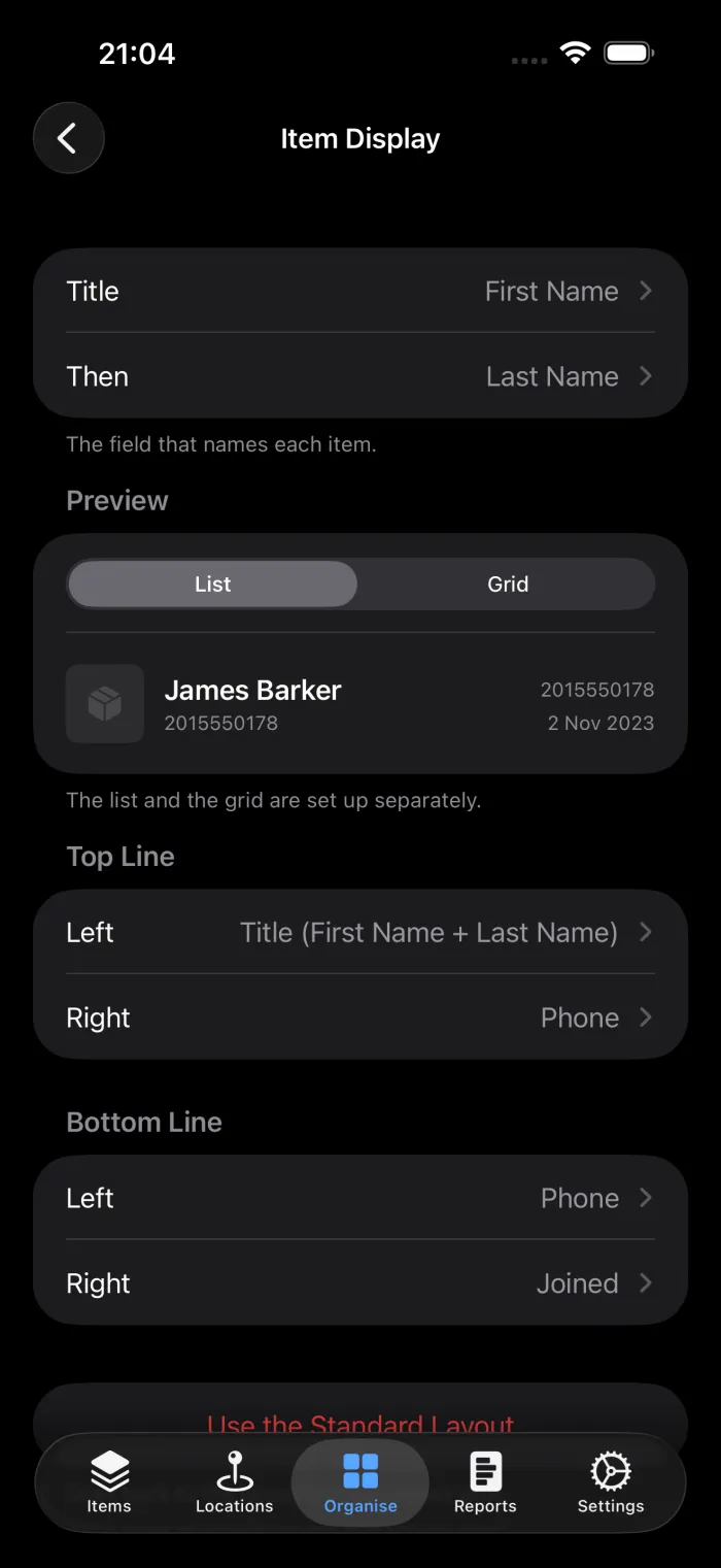 The Item Display screen in additem.to with Title set to First Name and Then set to Last Name, a preview row reading James Barker, and the top left slot set to Title (First Name + Last Name)