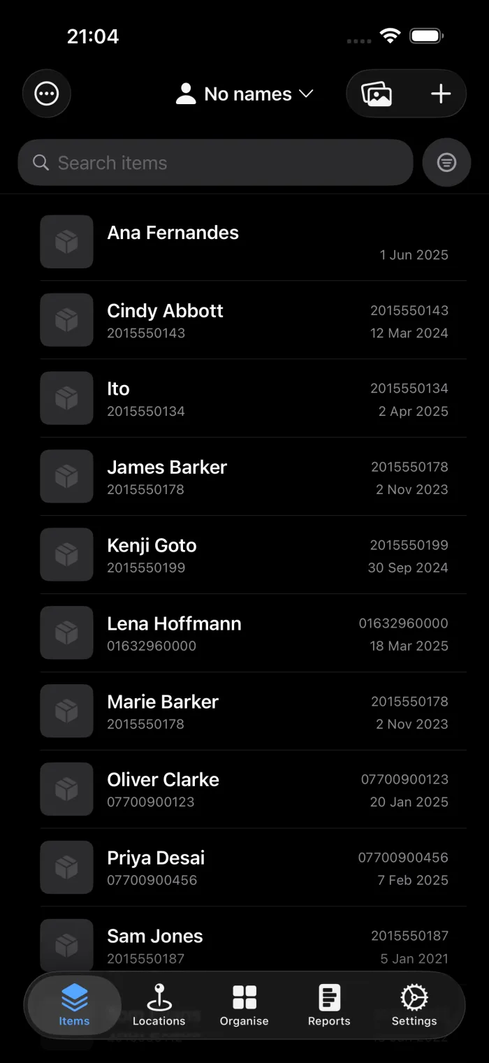 An additem.to item list of club members with no item names, each row headed in bold by first and last name, such as Cindy Abbott and James Barker, with a phone number and a joining date