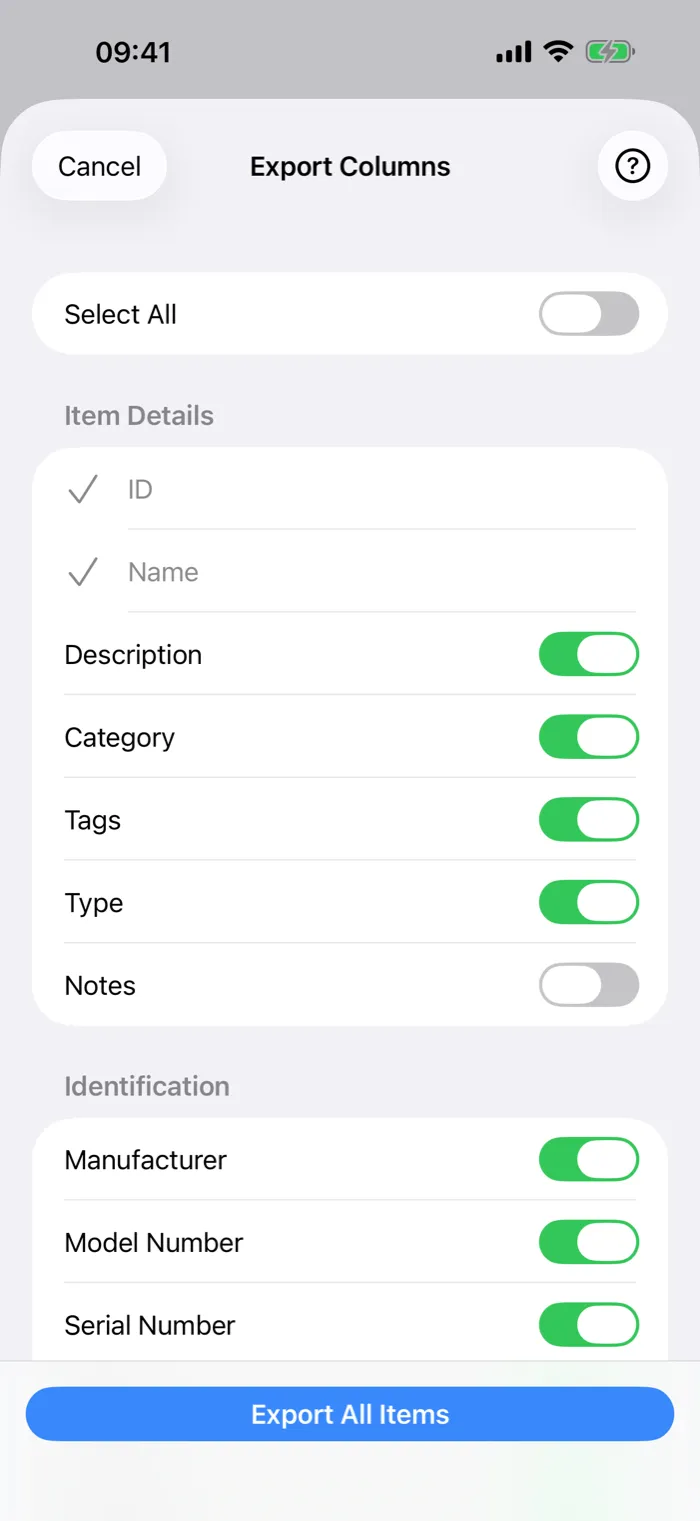 The Export Columns screen in additem.to on iPhone, with ID and Name always included, Notes switched off, other columns switched on and an Export All Items button