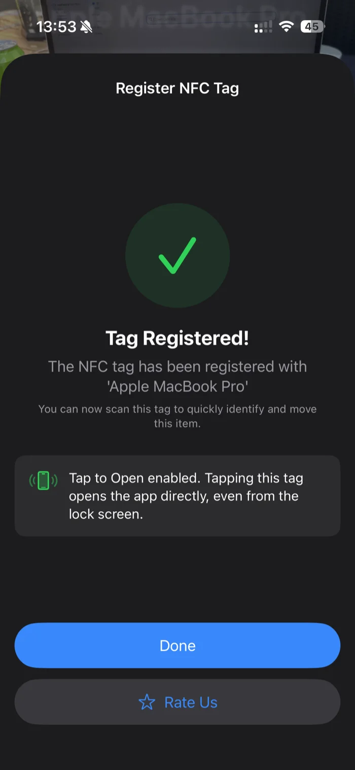 The Tag Registered confirmation in additem.to with a green tick, a message that the NFC tag is registered, and a note that Tap to Open is enabled so tapping the tag opens the app directly, even from the lock screen