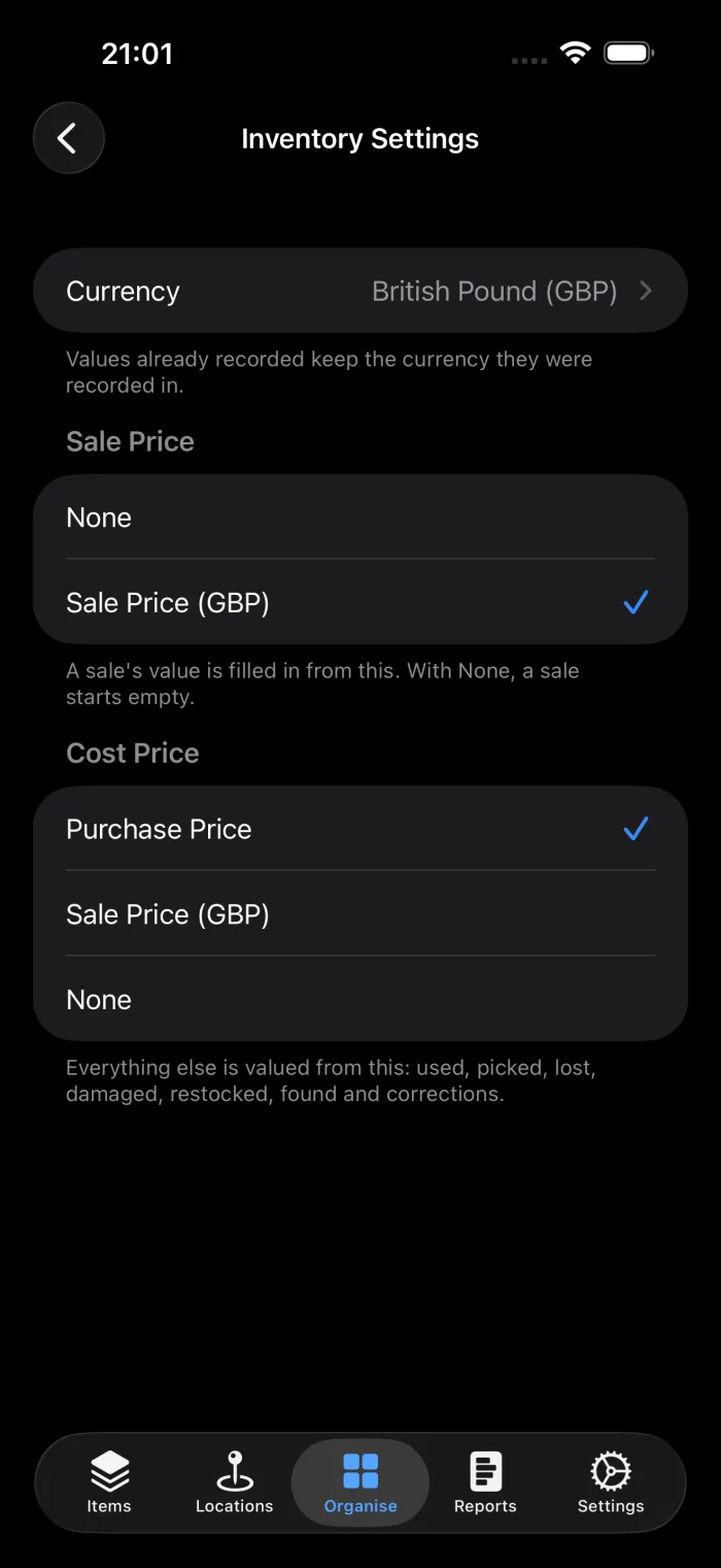 Inventory Settings in additem.to with the currency, a Sale Price set to a Sale Price custom field, and a Cost Price set to Purchase Price