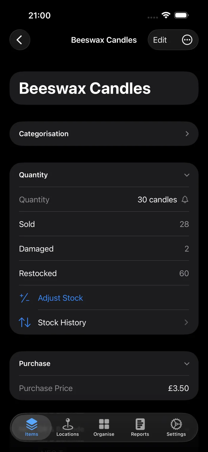 The Quantity section of a quantity item in additem.to showing 30 candles on hand, totals for Sold, Damaged and Restocked, and the Adjust Stock and Stock History rows