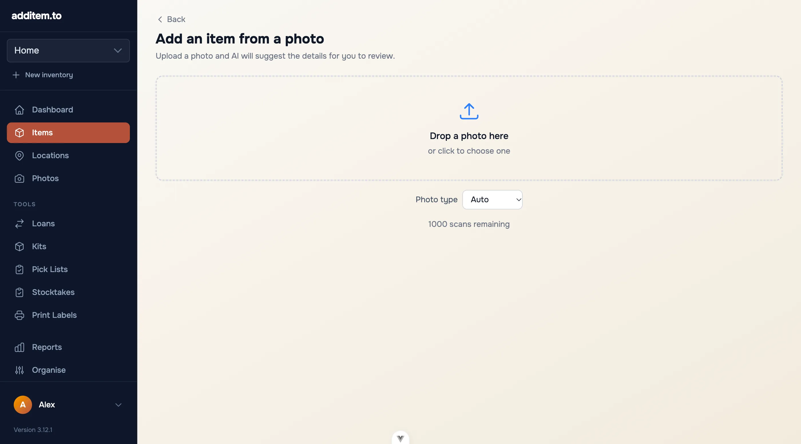 Add an item from a photo in the web app, with a drop area for the photo and a choice of photo type