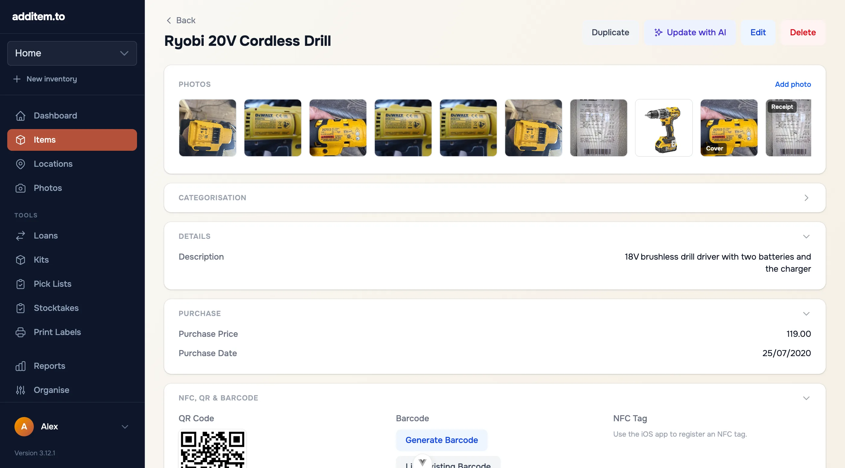 An item's page in the web app with its photos, description, purchase details and QR code