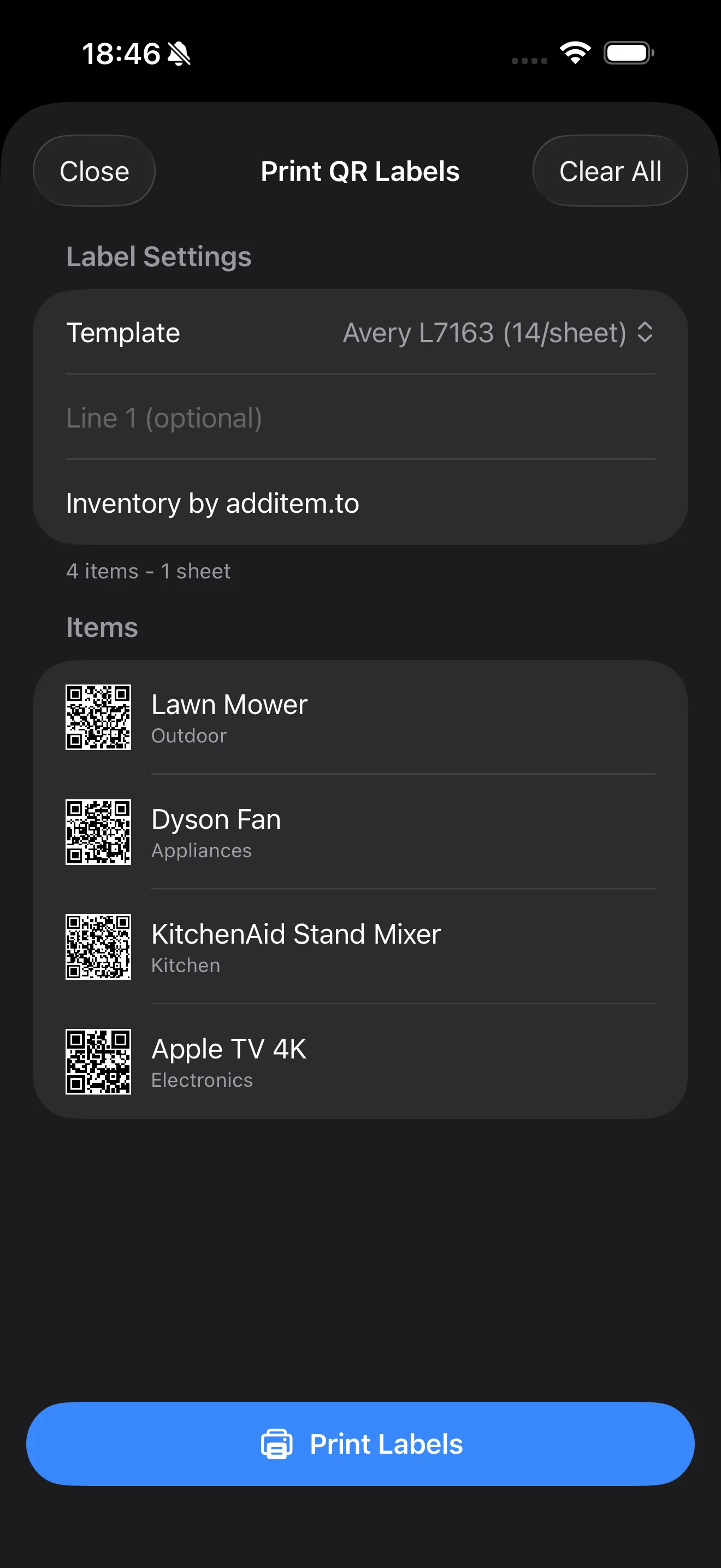 Print QR labels with Avery template selection